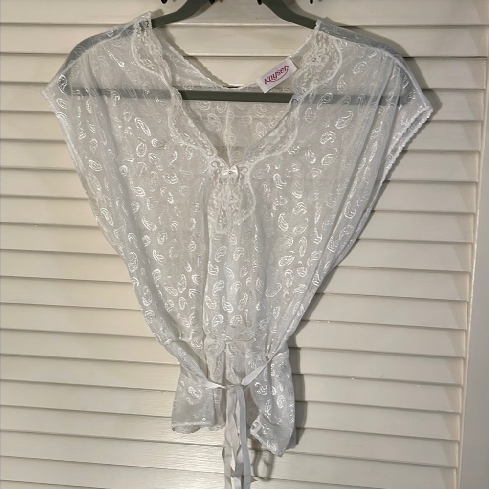 Vintage Kayser White Ribbon Wrap Tie Cap Sleeve See Through Blouse or Camisole